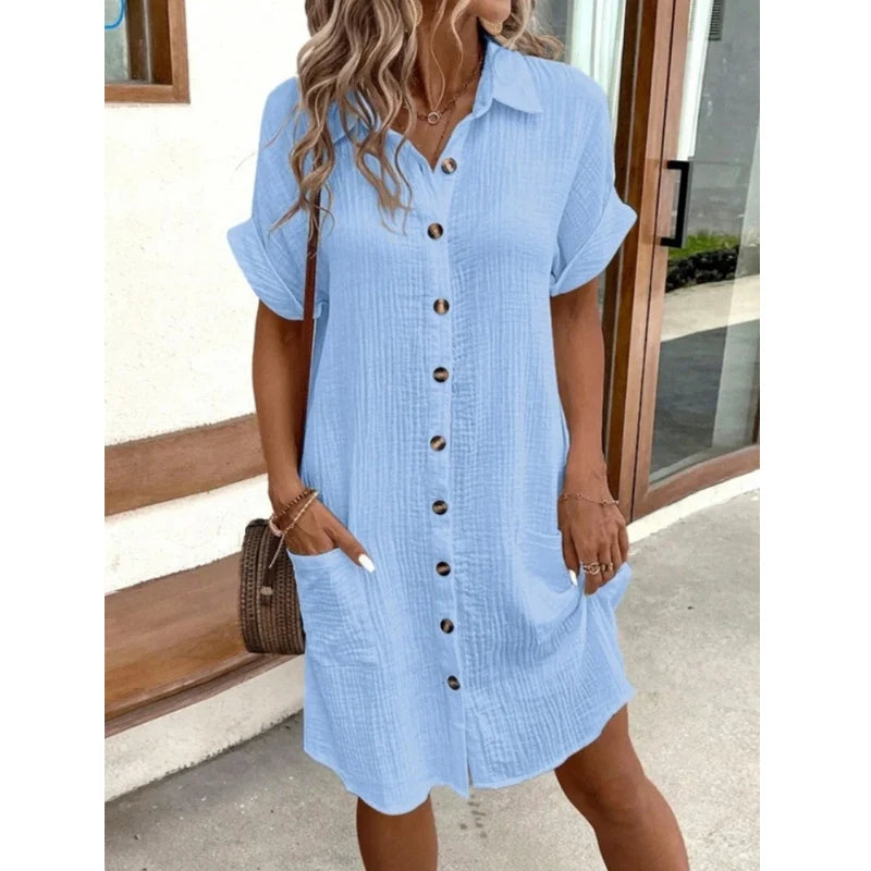 Fashion Women Summer Short Sleeve Shirt Dress Elegant Loose Simple Pockets Office Single Breasted Casual Party Dresses Clothes - Smarsty
