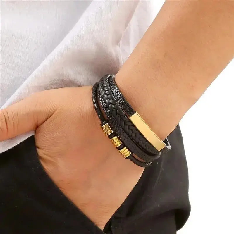Multi Layer PU Leather Mens Bracelet with Magnetic Closure - Smarsty