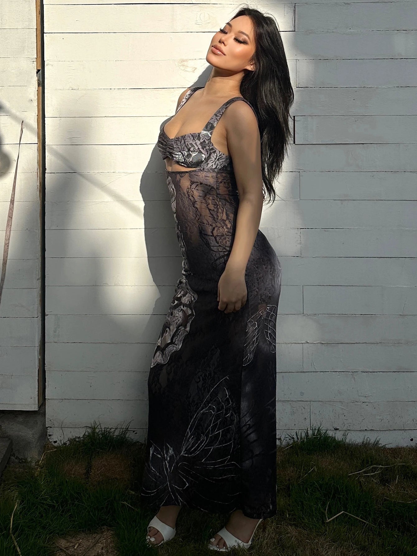 Dulzura Lace Print Cut Out Maxi Dress Bodycon Sexy Party Club Y2K Outfits Streetwear Bandage Dress Vestido Classic Prom - Smarsty