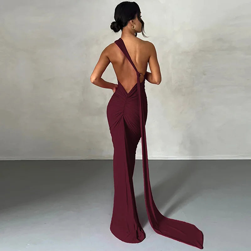 Hugcitar One Shoulder Backless Adjustable Scarf Loop Ruched Sexy Maxi Dress Women Elegant Y2K Streetwear Festival Outfit - Smarsty
