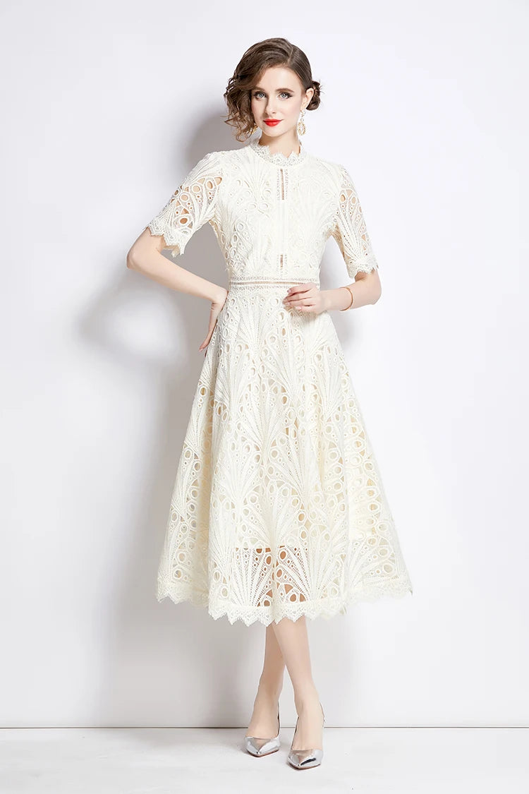 H Han Queen Spring New Elegant Casual Work Party Dresses Floral Crochet Hollow Out Lace Patchwork Casual Office Midi Dress - Smarsty