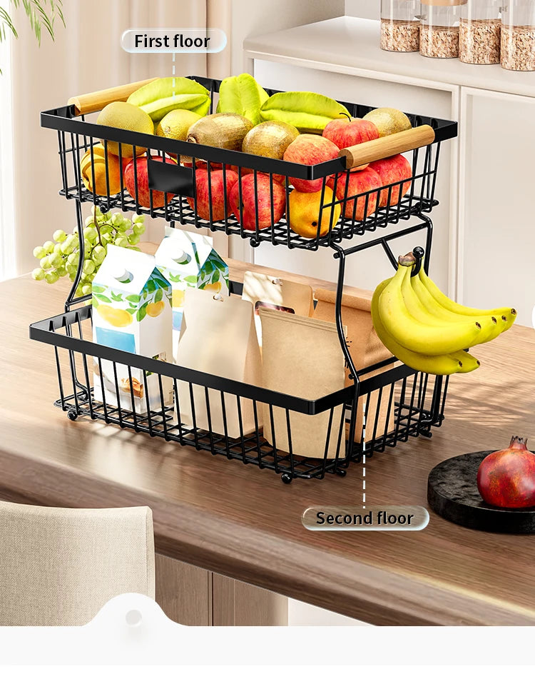 fruit basket vegetable basket,Metal storage basket with hook and wooden handle,Stackable and removable kitchen storage rack