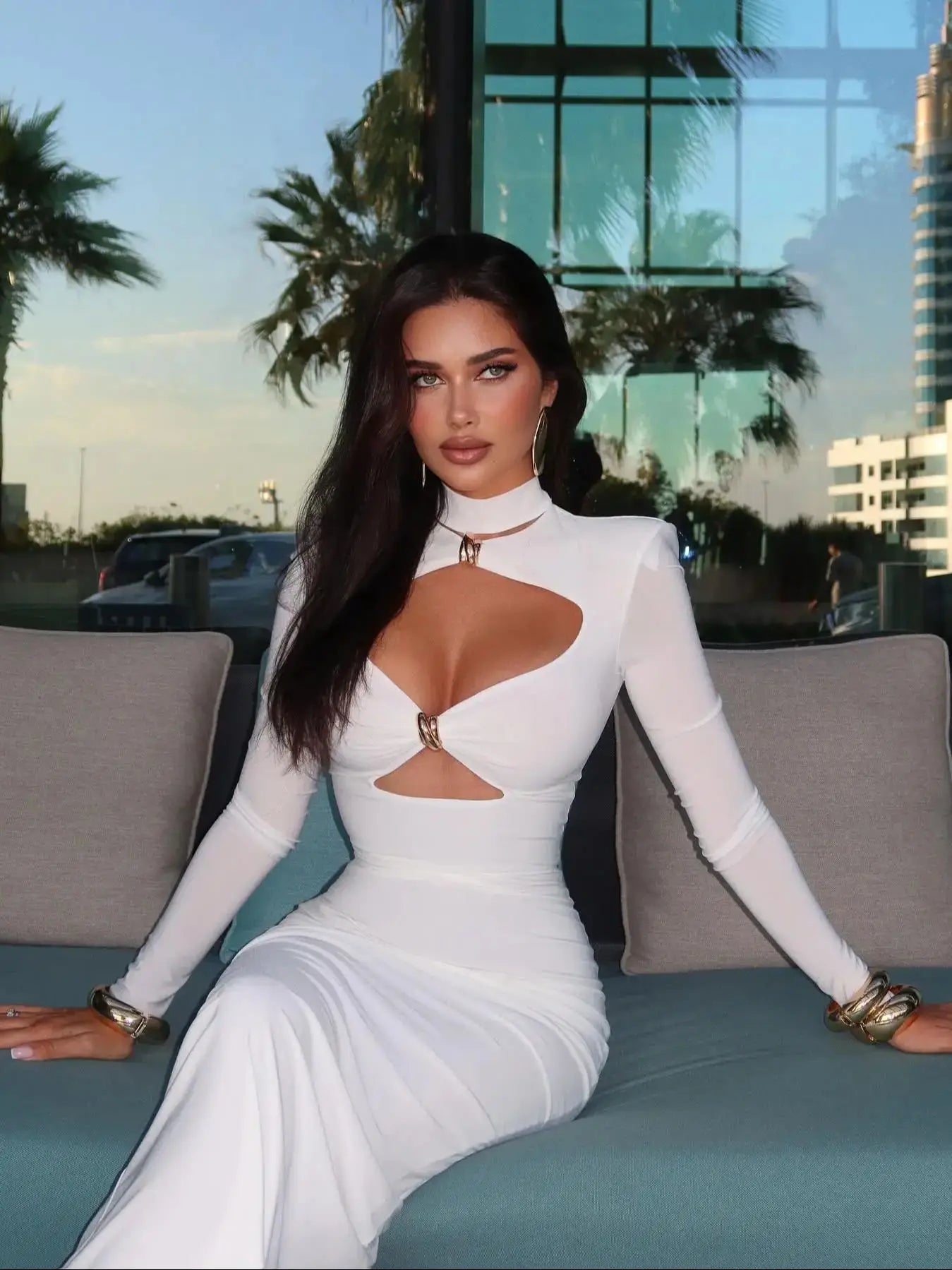 Cut Out Dress Women V Neck Long Sleeve Casual Column Dress Summer Sexy Turtleneck Party Dress Midi Dress Gown