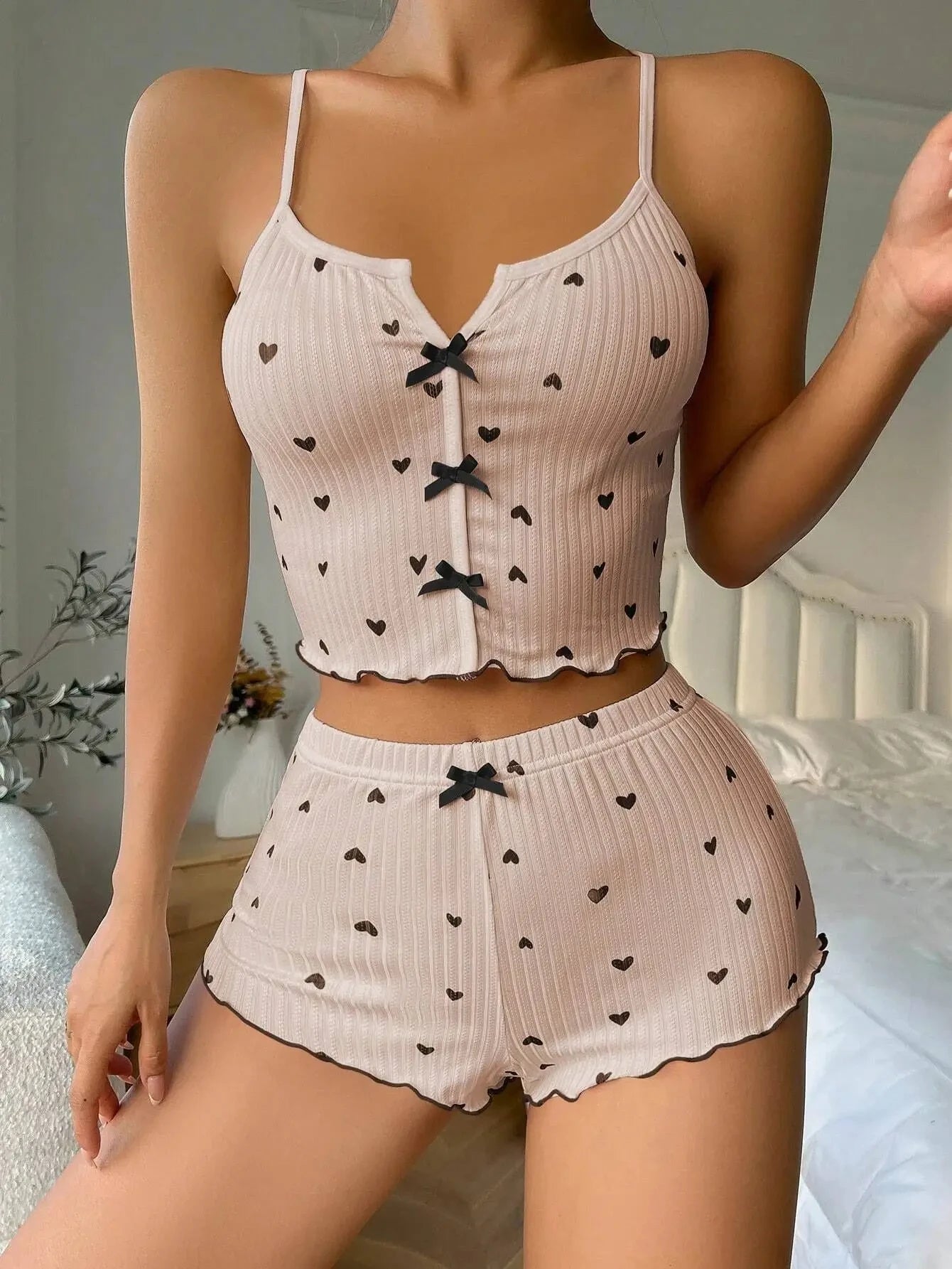 Sexy Sleepwear Women Pajamas Set Heart Print Silk Stain V-Neck Sleeveless Casual Cami Top and Shorts Sets Home Suit Loungewear - Smarsty