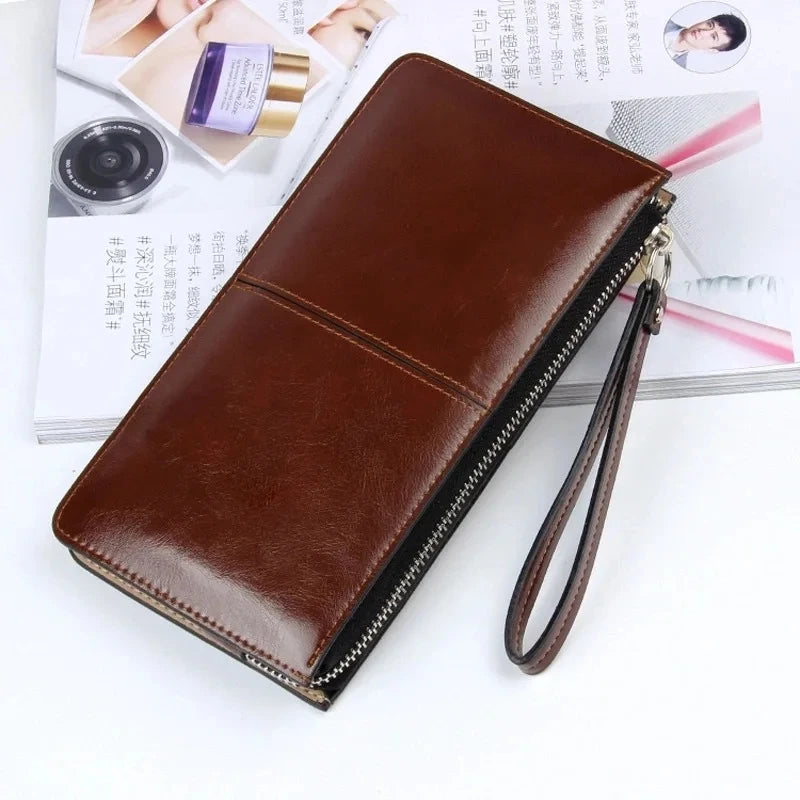 Women's Vintage Oil Wax PU Leather Clutch Wallet Female Large Capacity Phone Purse Ladies Wristband Simple Card Holder Pouch Bag
