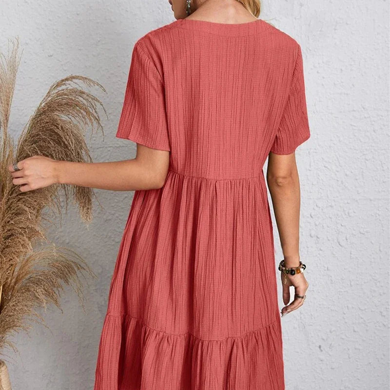 2025 Loose V-neck Short Sleeved Pleated Women Dress Solid Color A-line Beach Dresses Elegant Simple Comfortable Woman Clothing - Smarsty