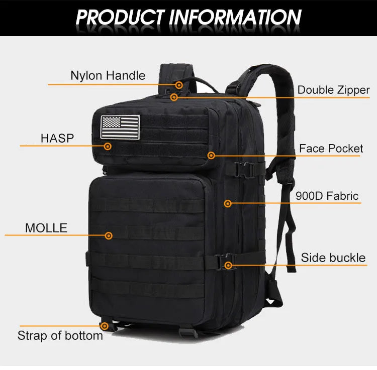 50L Tactical Backpack Men's Travel Large Capacity Rucksacks Men Waterproof Outdoor Sports Multi-functional Bags - Smarsty