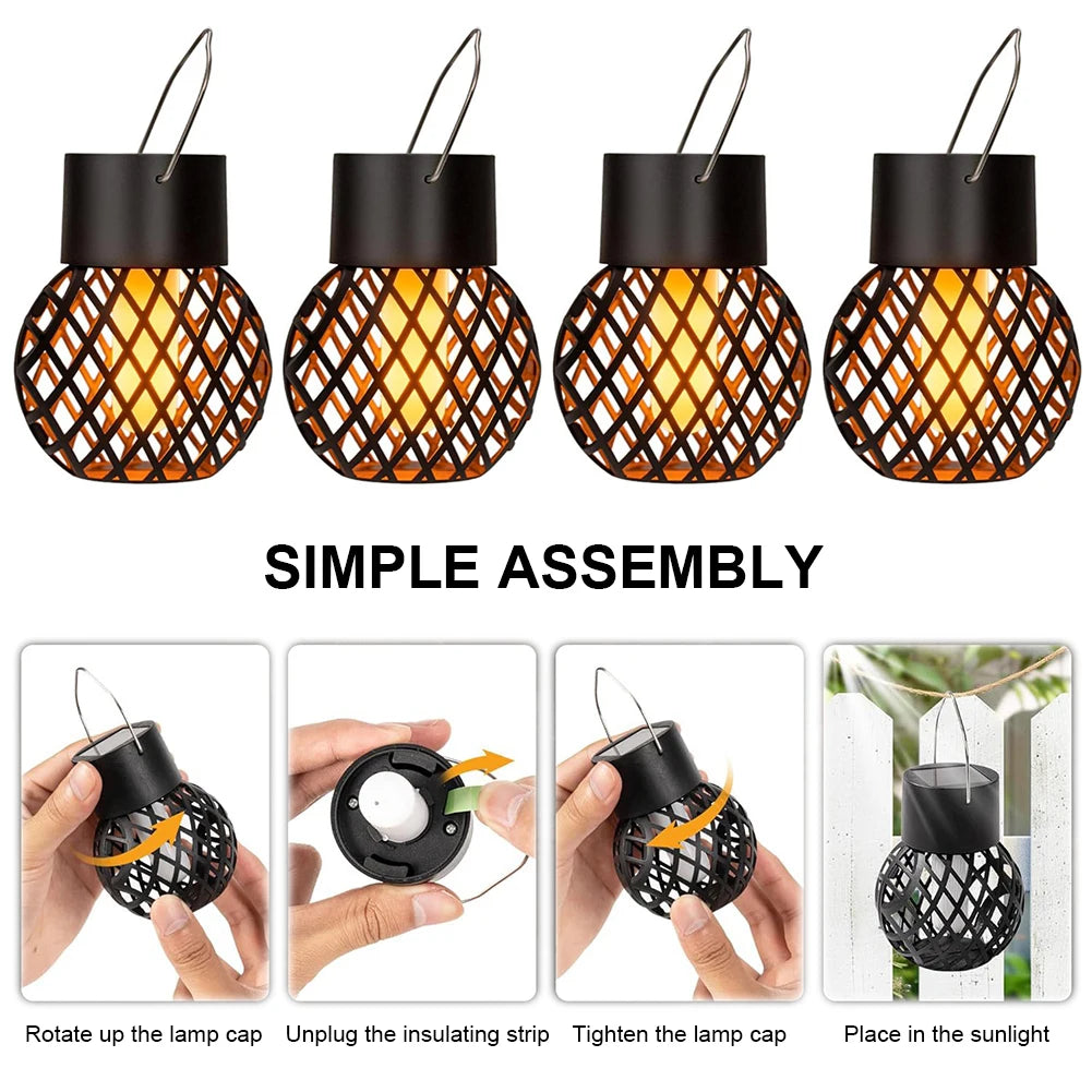 4 PCS Solar Lanterns Outdoor with Flickering Flame Solar Hanging Light with Hook LED Solar Light for Yard Patio Tree Camping