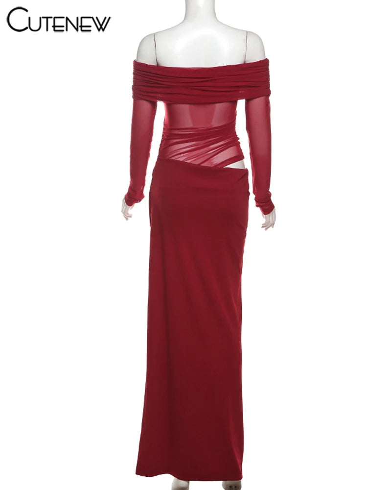 Cutenew Mesh Ruched Women Maxi Dress Sexy See Through Off Shoulder Long Sleeve Sheath Vestidos Female Midnight Party Solid Robe - Smarsty