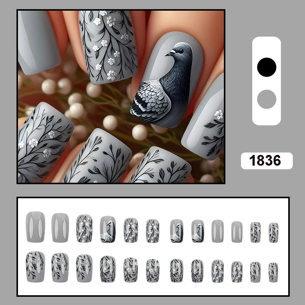 24 Piece Set Medium Long Press On Nails with Peach Flower Design - Smarsty