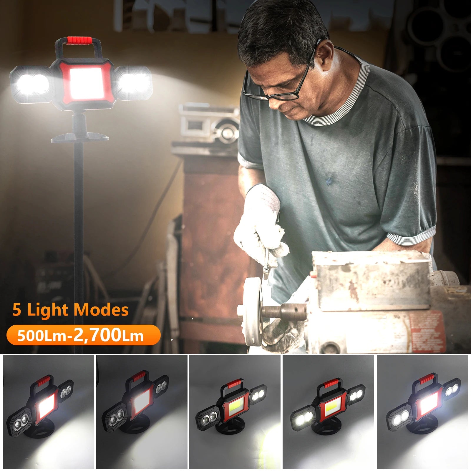 Rechargeable Work Light 25W 2700LM COB LED Magnetic Work Light with Battery Portable Waterproof Cordless Job Site Lighting