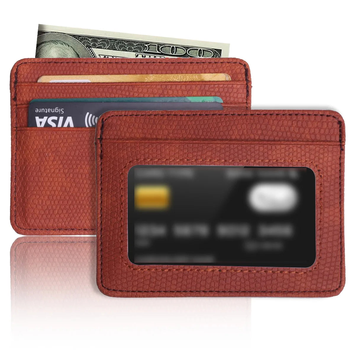 Minimalist Slim Credit Card Holder with Transparent ID Window, Small Leather Card Wallet for Women Men