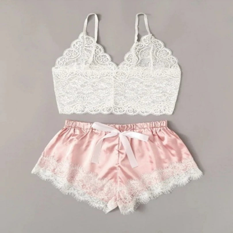 Pajama Sets Sexy Pajamas for Women 2 Pieces Top Shorts Set Sleepwear Clothes Lace Pajamas Underwear Lingerie - Smarsty