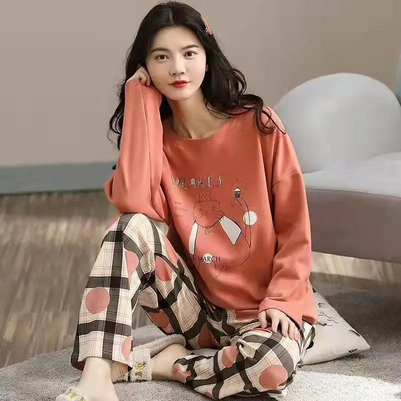 Spring and Autumn New Ladies Pajamas Homewear Set of Long-Sleeved Autumn and Winter Homewear Women Plus Size Pajamas Set - Smarsty