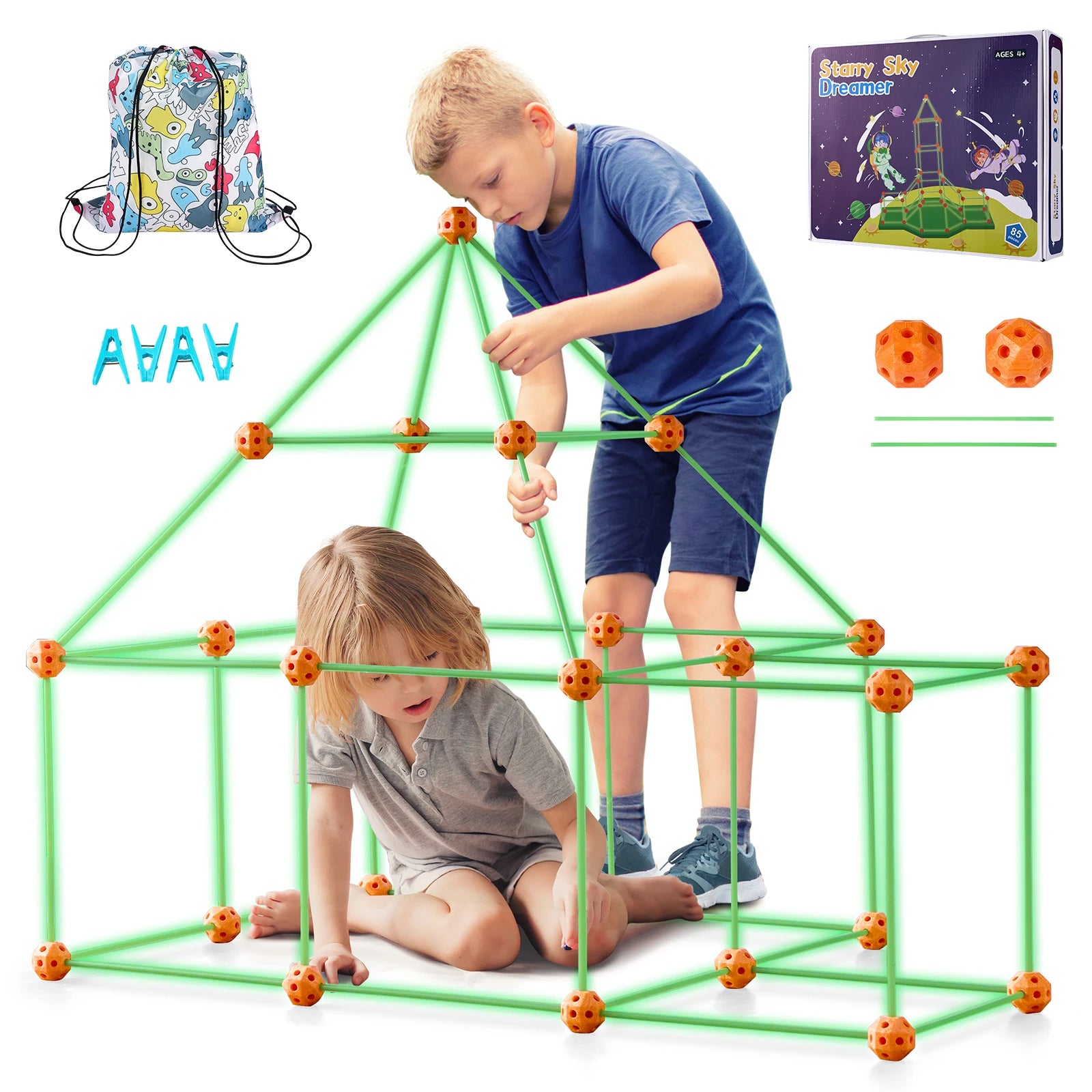 SucceBuy Fort Building Kit Construction Castle Tunnels Toys with 55 Rods 30 Balls Indoor Play Tent for Educational Gift Blocks