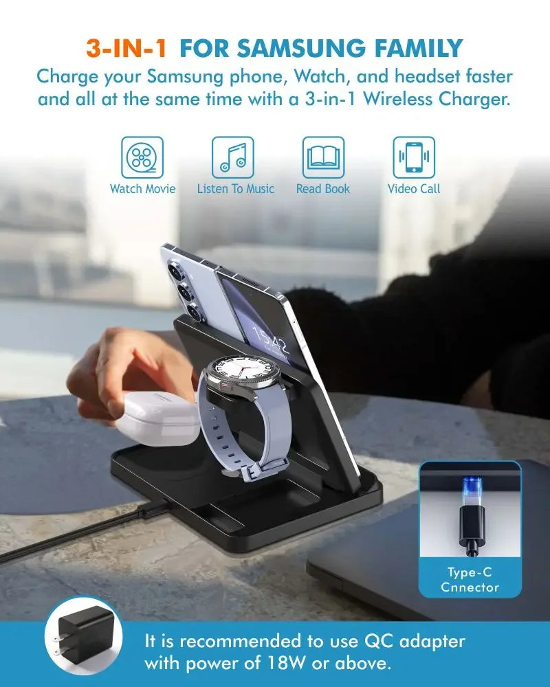 3 In 1 Wireless Charger Stand With Fast Charging Dock - Smarsty