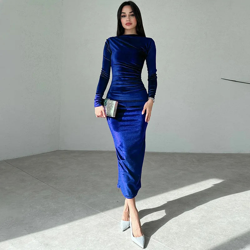 Dulzura 2024 Spring Summer Velvet Long Sleeve Midi Dress For Women Ruched Long Dress Elegant Party Clothes Evening Green Outfits - Smarsty