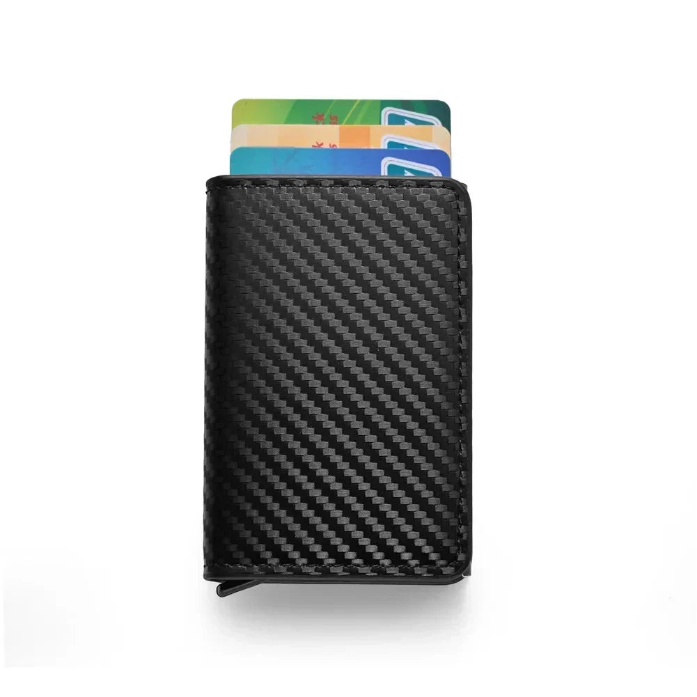 RFID Anti Blocking Anti-theft Automatic Pop-up Card Holder, Men's Black ID Credit Card Holder Case Wallet, Carbon Fiber Purse