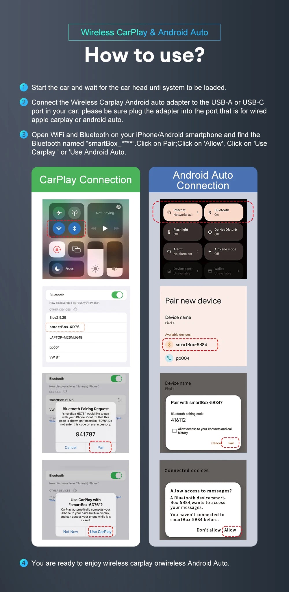 Wireless CarPlay Android Auto 2in1 Adapter Fast Connect - Smarsty