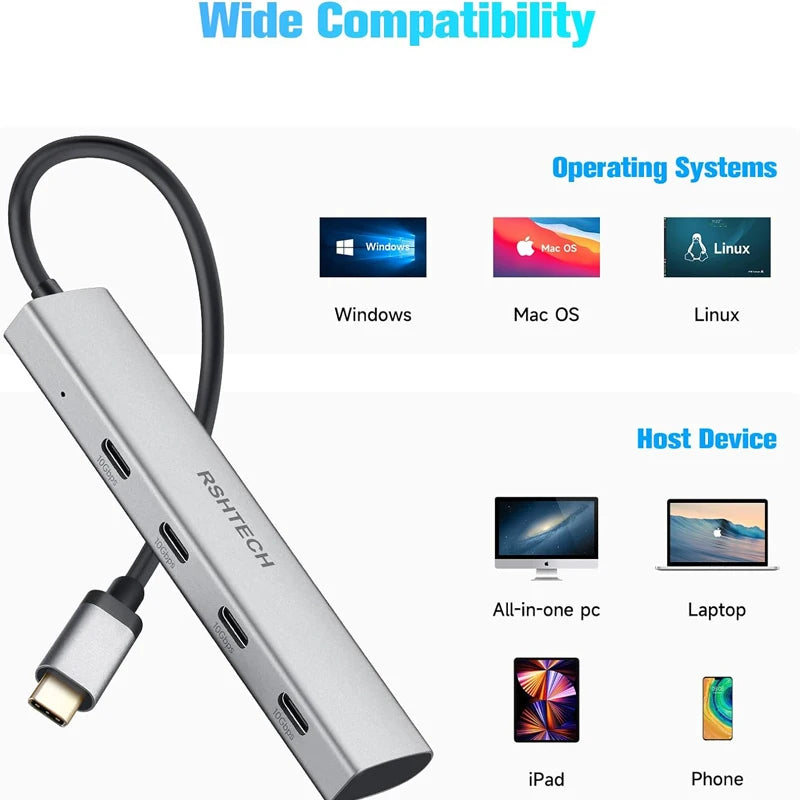 USB C Hub 4 Port Aluminum Gen2 Data Dongle Portable