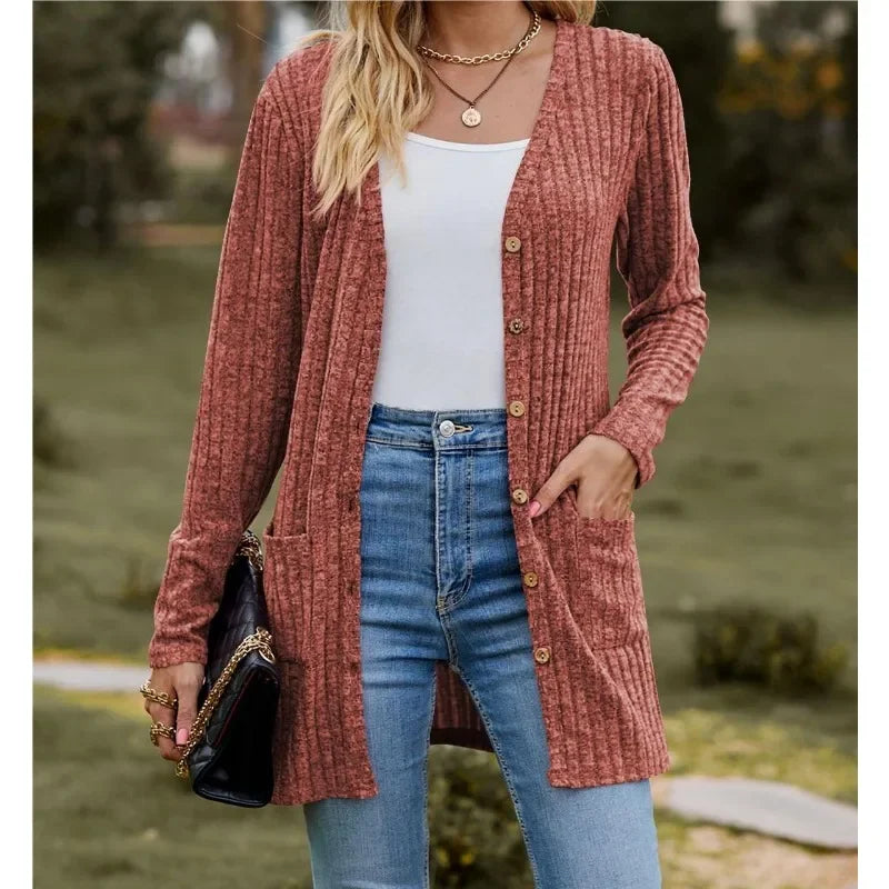 Autumn New Women's Milled Pit Stripe V-Neck Solid Colour Button Long Sleeve Ladies Casual Extensions Cardigan Jacket Coat - Smarsty