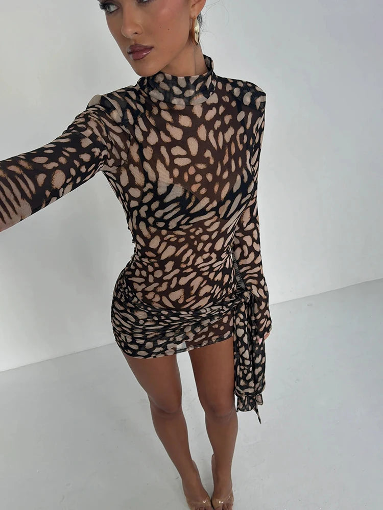 Fantoye Turtleneck Sexy Sheer Print Leopard Bandage Women Dress Long Sleeve Mini Dress Lady Spring Slim Elegant Party Club Dress - Smarsty