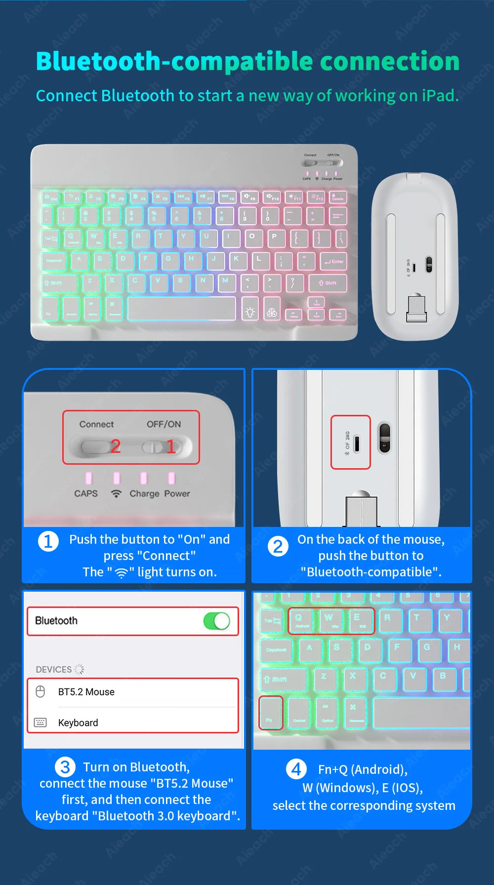 Wireless Tablet Keyboard with Rainbow Backlit for iPad