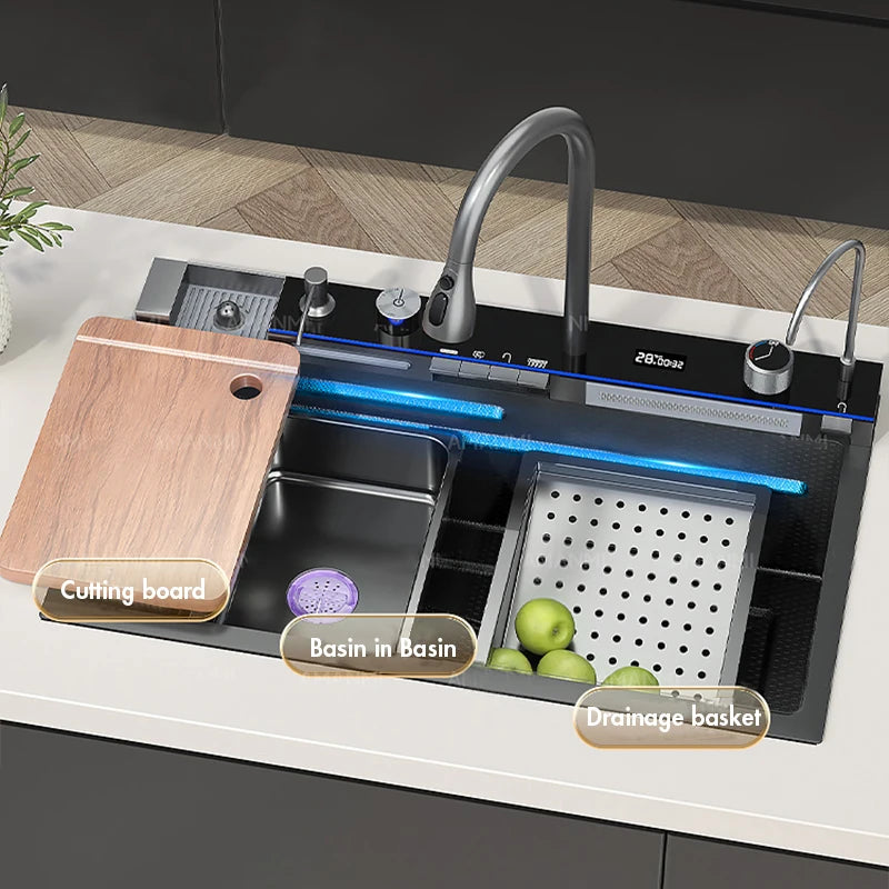 Large Stainless Steel Kitchen Sink with Digital Faucet Display - Smarsty