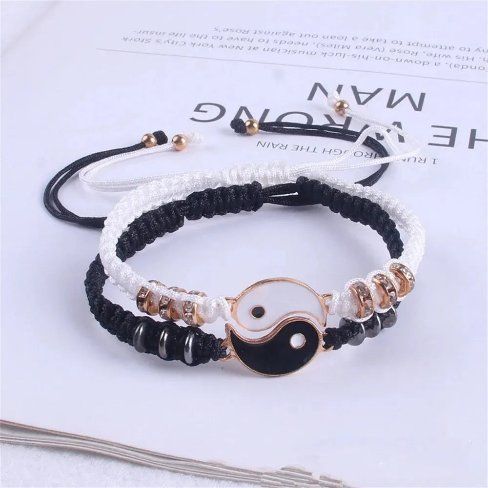Couple Black White Tai Chi Bracelet Set Adjustable Daily Wear - Smarsty