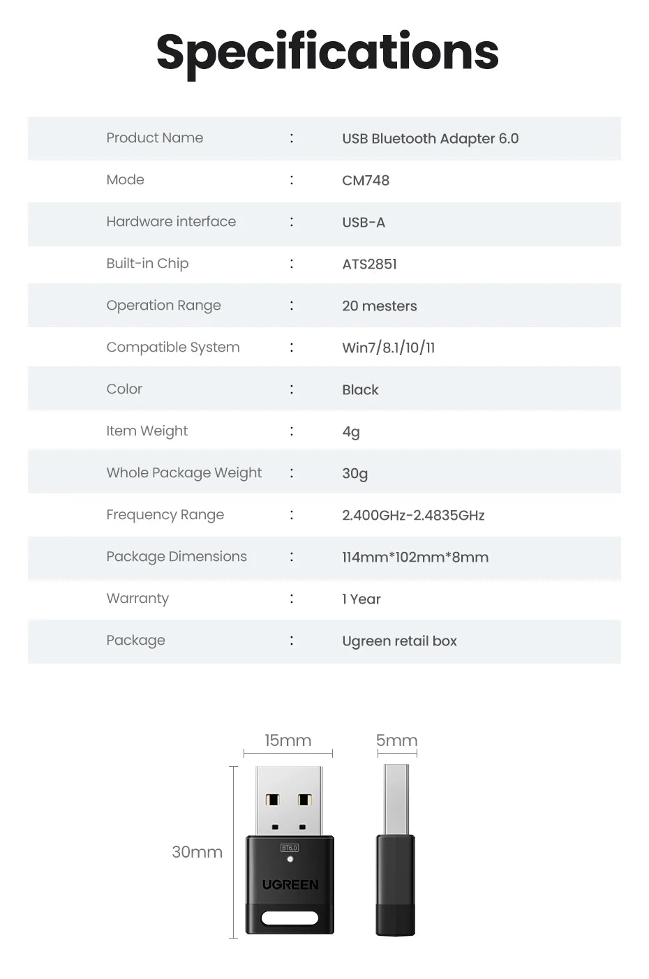 USB Bluetooth Adapter, Bluetooth 6.0 Dongle for PC Windows 11/10/8.1, Bluetooth Receiver & Transmitter for Keyboard/Mouse - Smarsty
