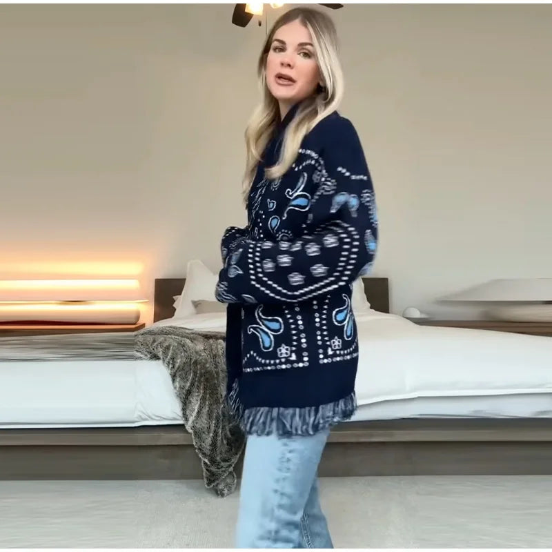 Tassel Patchwork Printed Cardigan Women Geometric Patterns Belts V-neck Long Sleeve Knitted Street Lady Sweater 2025 Autumn Coat - Smarsty
