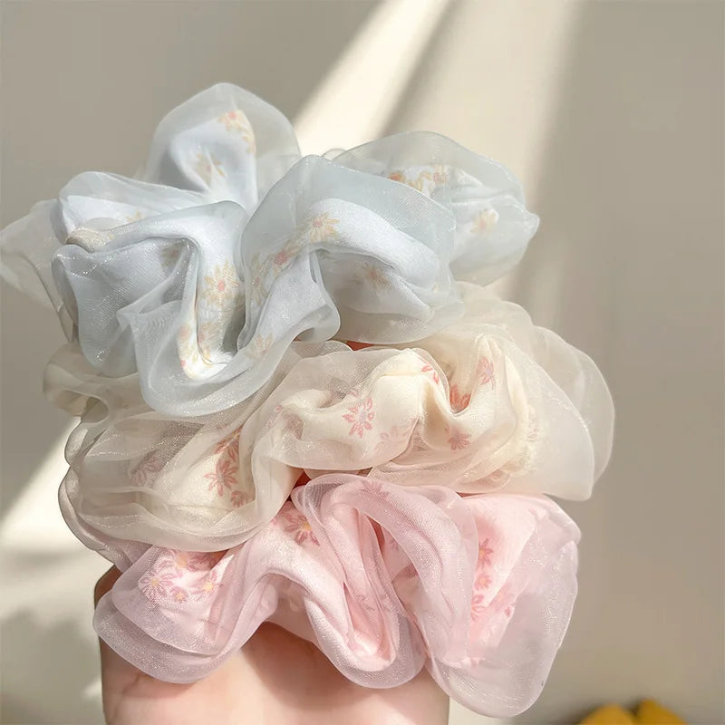 Double Layer Silk Hair Scrunchies Floral Soft Ponytail - Smarsty