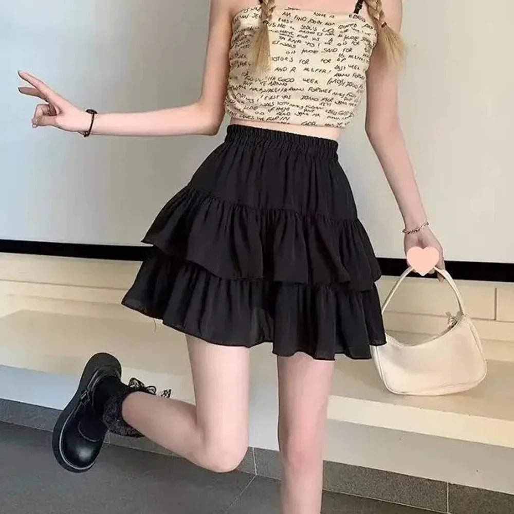 Pleated A-line Skirt White Women Ruffles Sweet Hottie Preppy Style Elastic Elastic Waist Slim Thin SimpleCasual Summer Wholesale - Smarsty