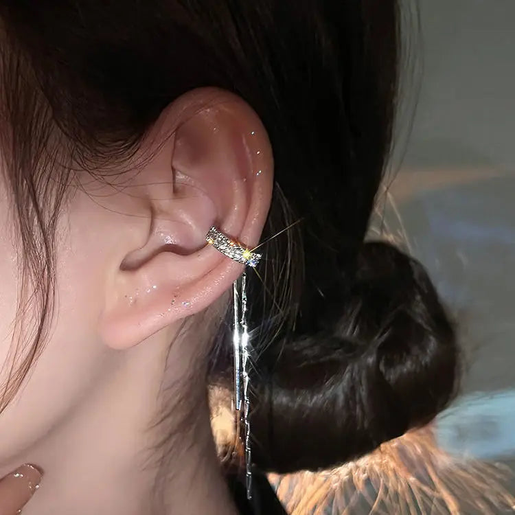 Shiny Silver Crystal Tassel Non-Piercing Ear Clip Earrings - Smarsty