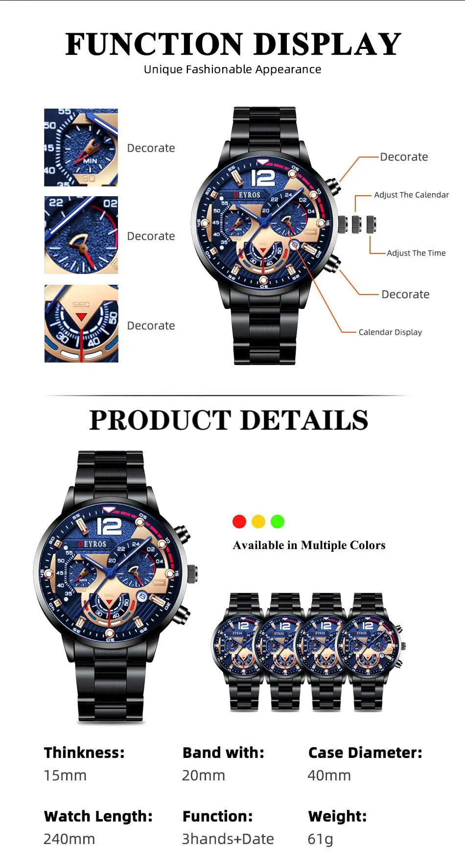 Luxury Mens Stainless Steel Quartz Watch with Calendar - Smarsty