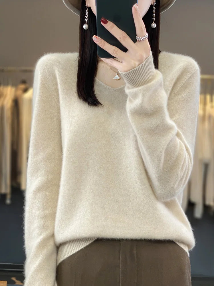 Fashion100% Merino Wool Sweater Cashmere Pullover Women Knitwear V-Neck Long Sleeve Autumn Winter Fashion Basic Clothing Tops - Smarsty