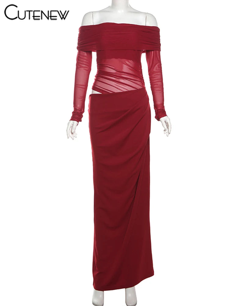 Cutenew Mesh Ruched Women Maxi Dress Sexy See Through Off Shoulder Long Sleeve Sheath Vestidos Female Midnight Party Solid Robe - Smarsty
