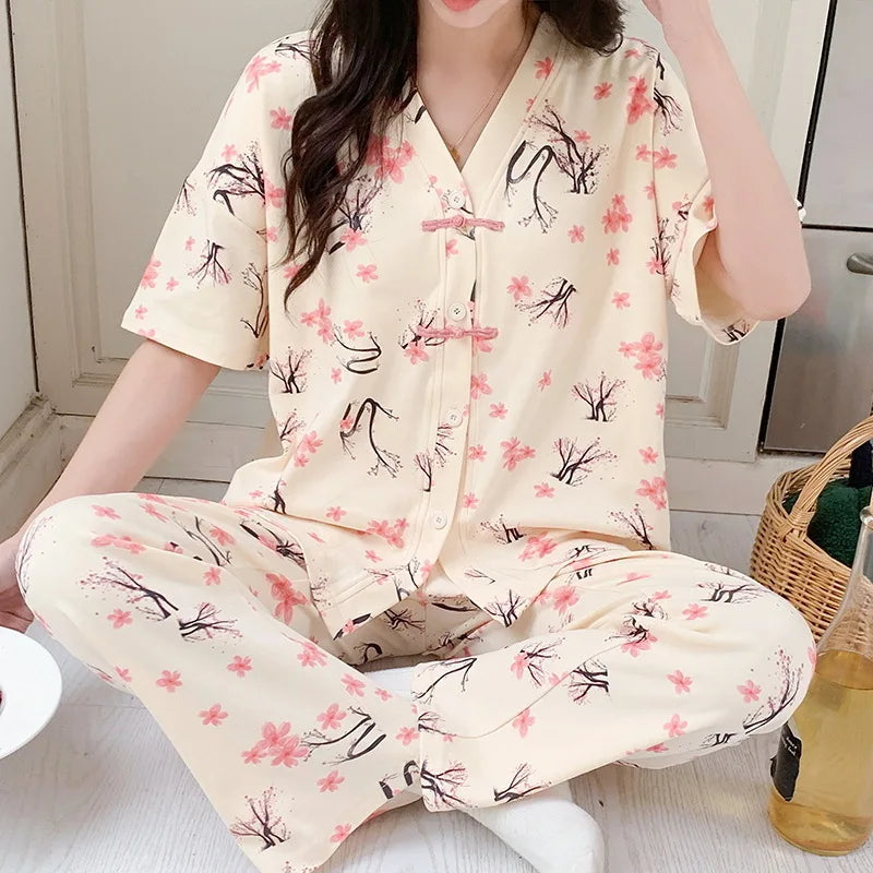 Pigma For Women Cotton Pajama Sleepwear Big Size Pajamas Nightwear Summer Women's Short Sleeved Long Pants Cardigan Pajama Set - Smarsty