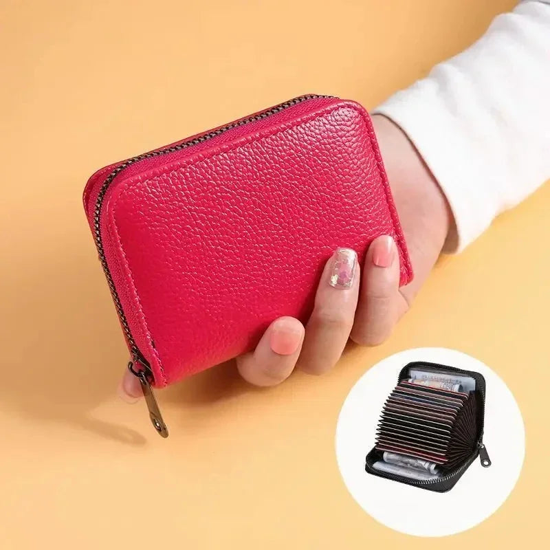 Multi Slot Card Holder Vintage Small Wallet Women Men Business Bank Credit Card Bag Male Coin Pouch Solid Leather Zipper Wallet - Smarsty