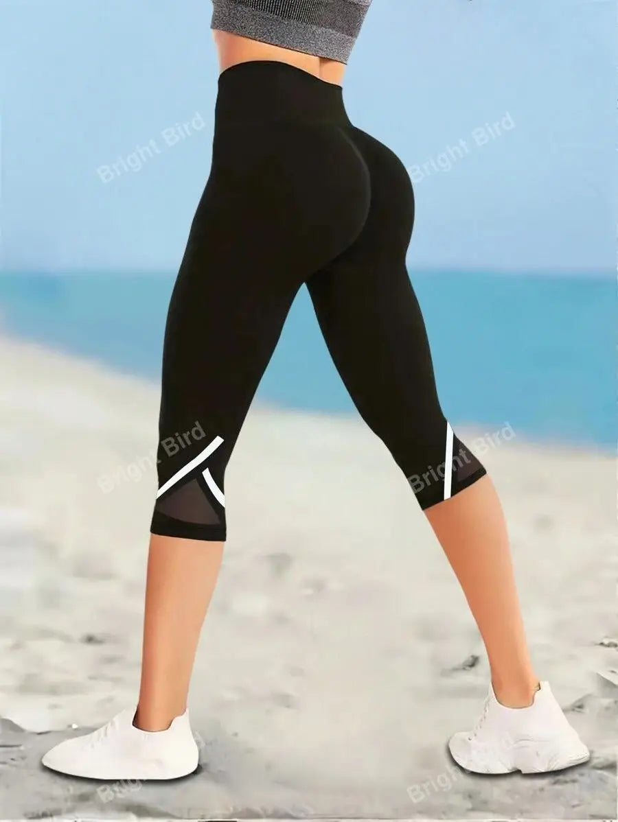Mesh High Waist Yoga Pants Capri Leggings For Women, Tummy Control Workout Capri Leggings, Women's Activewear - Smarsty
