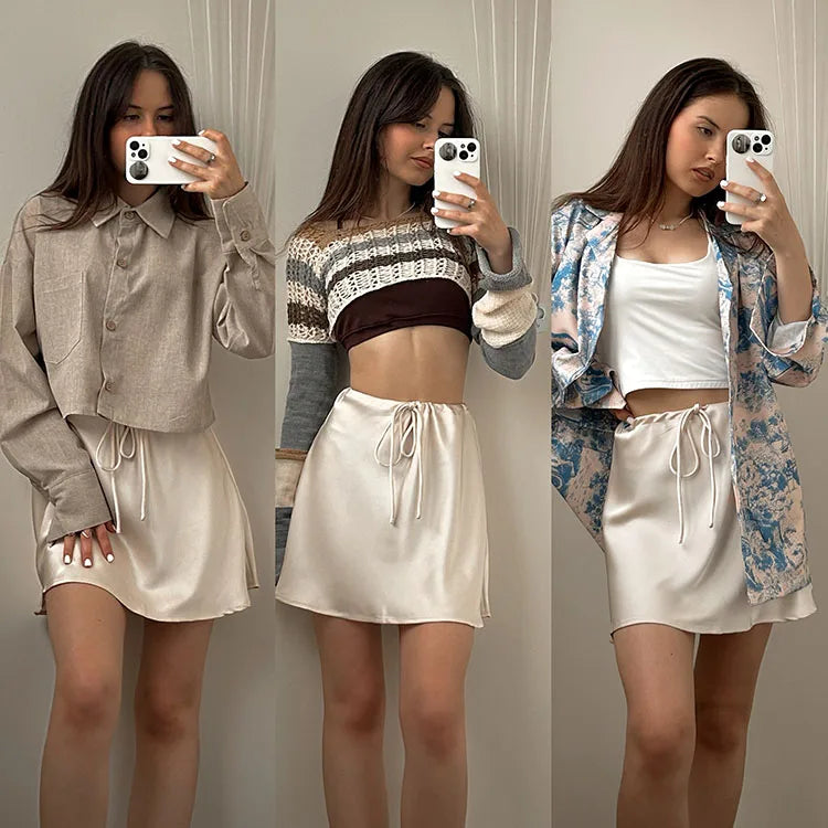 Satin Mini Skirts Women Summer Beige Silk Short Skirt For Woman Drawstring High Waist Black Satin Skirt A Line Women Short 2025 - Smarsty