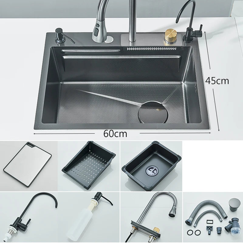 Large 304 Stainless Steel Waterfall Kitchen Sink with Faucet - Smarsty