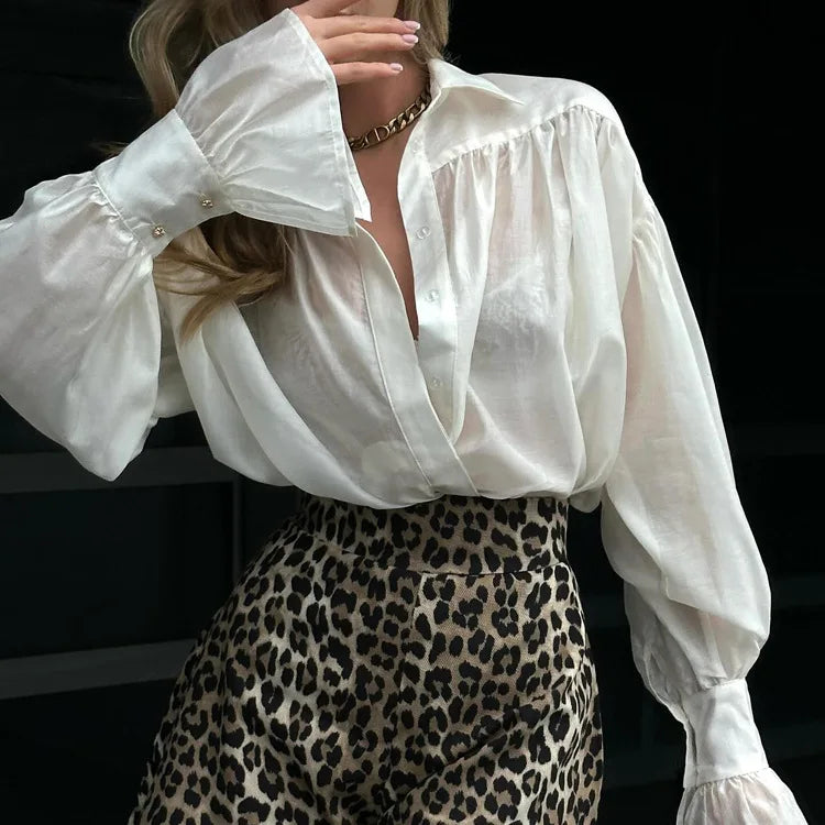 Tossy Casual Loose See-Through Shirts Women's Autumn Lapel Long Sleeve Patchwork Blouse Top Streetwear Female Solid Shirts Top - Smarsty