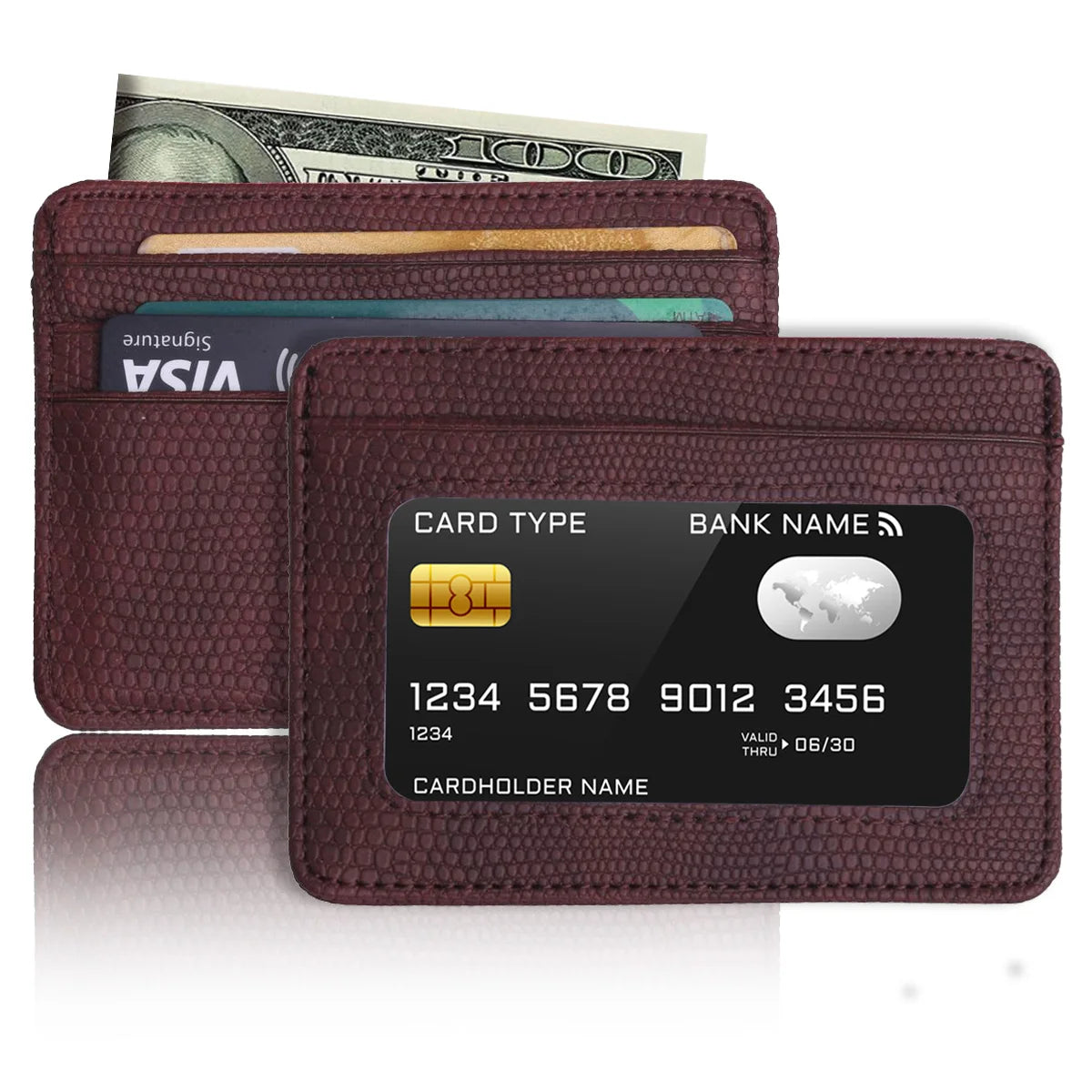 Minimalist Slim Credit Card Holder with Transparent ID Window, Small Leather Card Wallet for Women Men