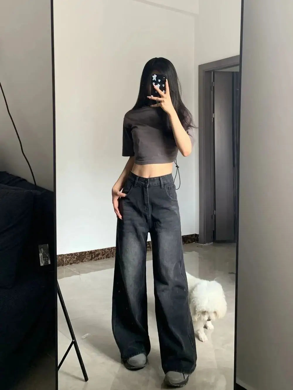 Korean Vintage High Waist Women's Jeans Y2K Slimming Pear-Shaped Loose Straight Bell Bottoms Black Gray Baggy Denim Trousers - Smarsty