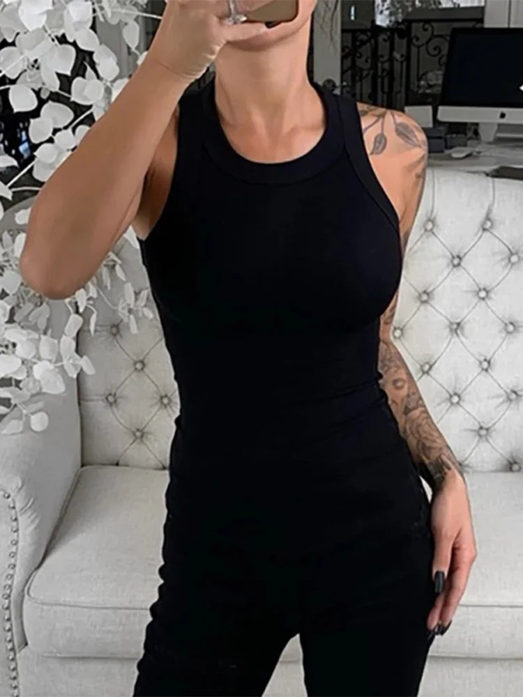 Women Solid Round Neck Ribbed Tank Top Camisole Women Summer Basic Elastic Tank Top O Neck Solid Tank Top - Smarsty