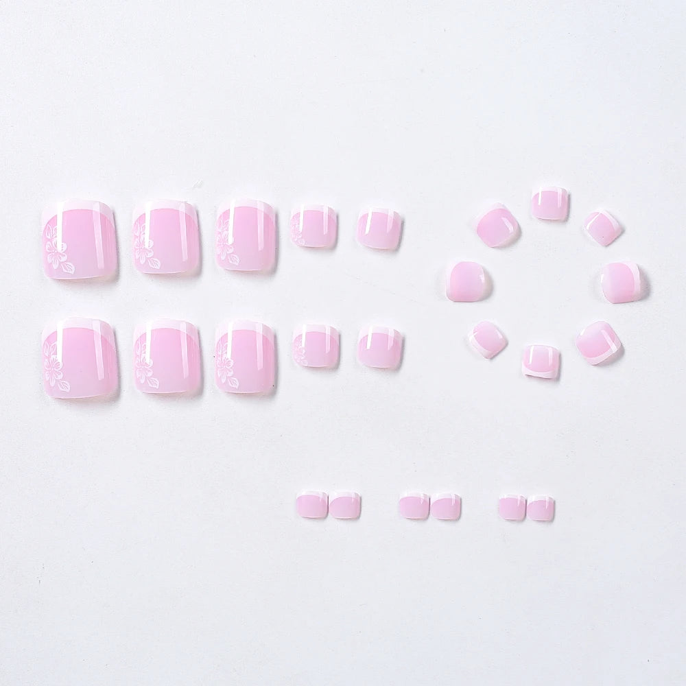 French Flower Fake Toenails Short Square Press On Tips - Smarsty
