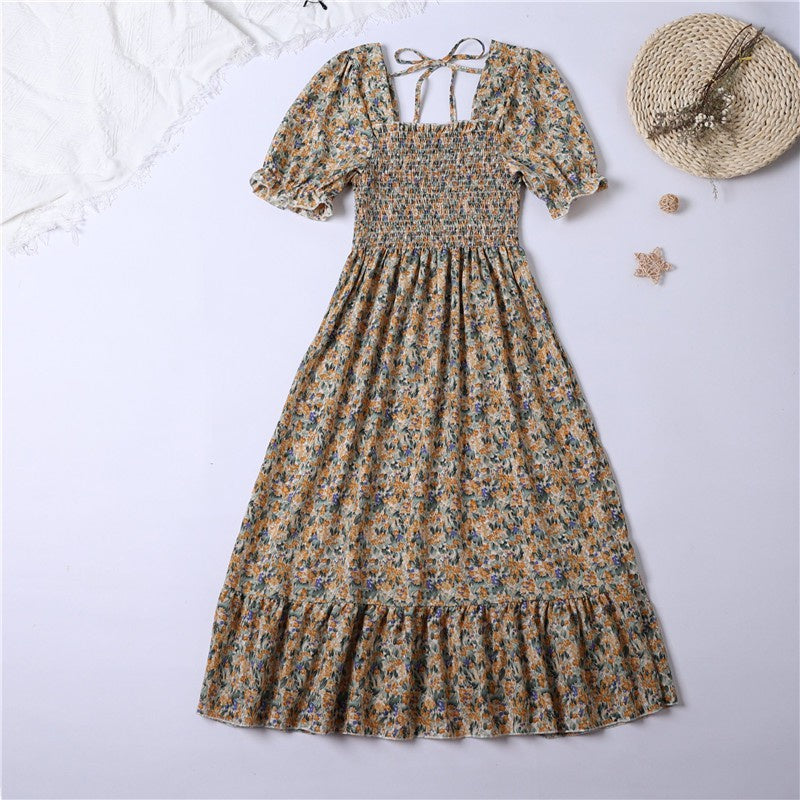 Summer Pleated Women Chiffon Dresses Casual Beach Holiday Short Sleeve Square Collar Woman Midi Dress Bohemian Mujer Vestidos - Smarsty