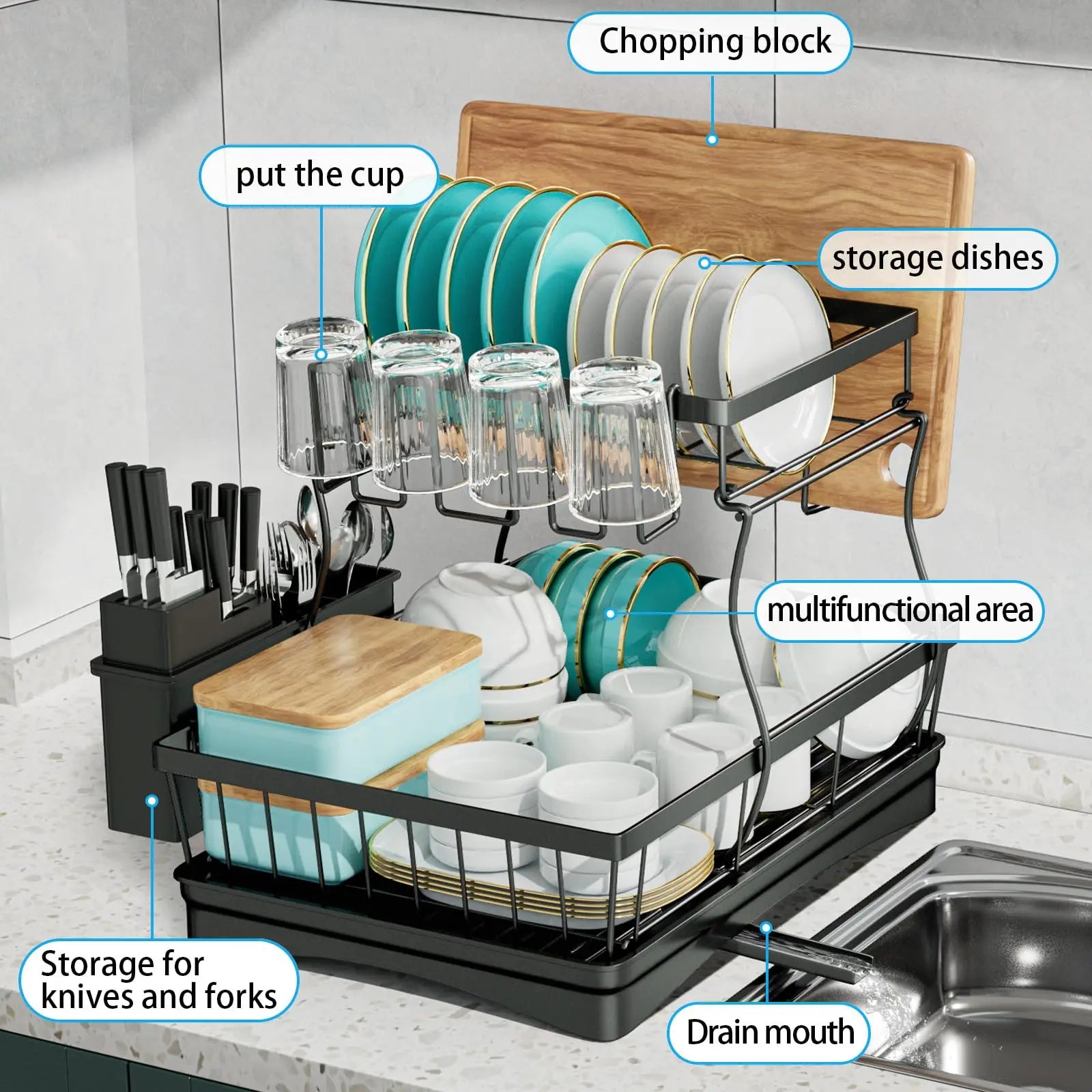 Large 2-tier dish drying rack for kitchen countertops, removable large-capacity dish draining rack by Smarsty