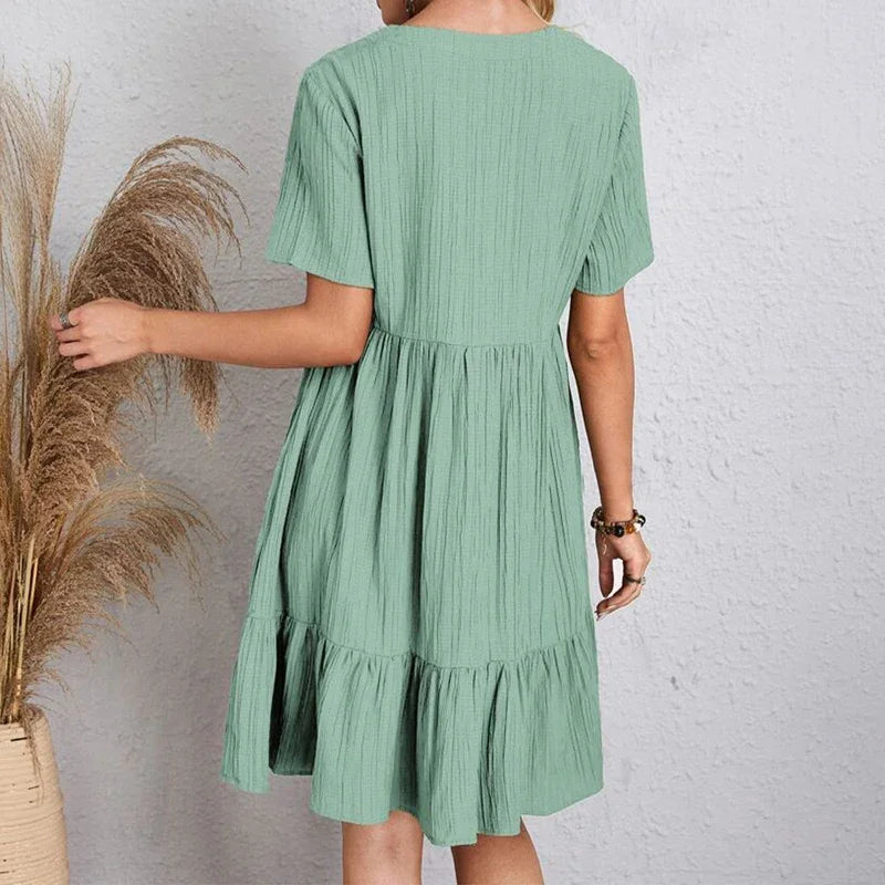 2025 Loose V-neck Short Sleeved Pleated Women Dress Solid Color A-line Beach Dresses Elegant Simple Comfortable Woman Clothing - Smarsty